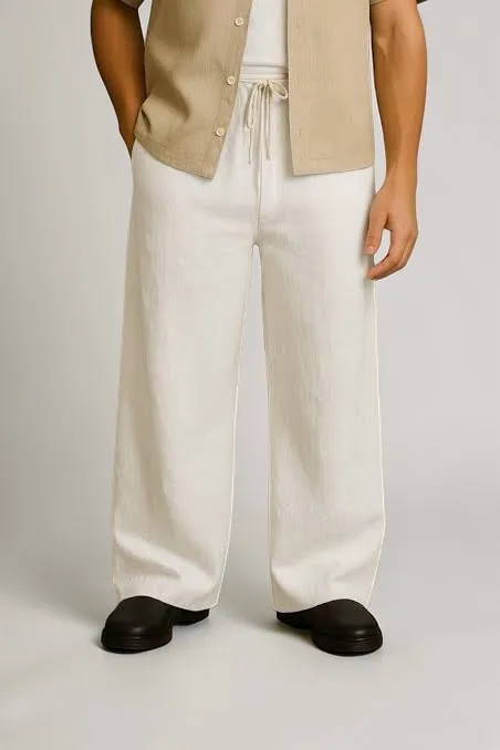 Relaxed Fit Drawstring white Linen Pants